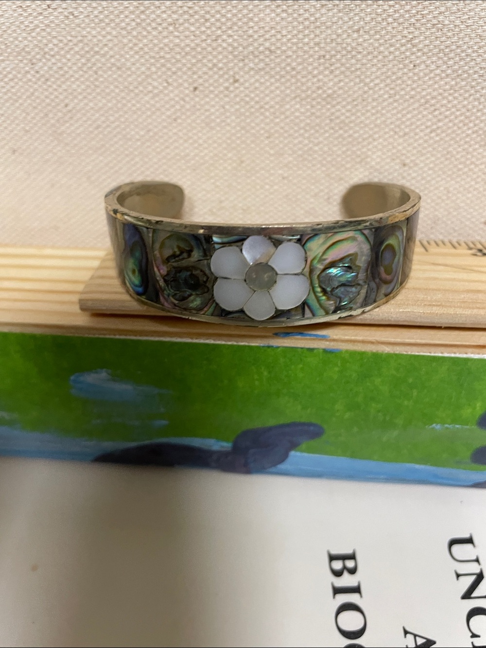 MEXICANA Abalone Inlay Cuff Bracelet with White Flower Accent